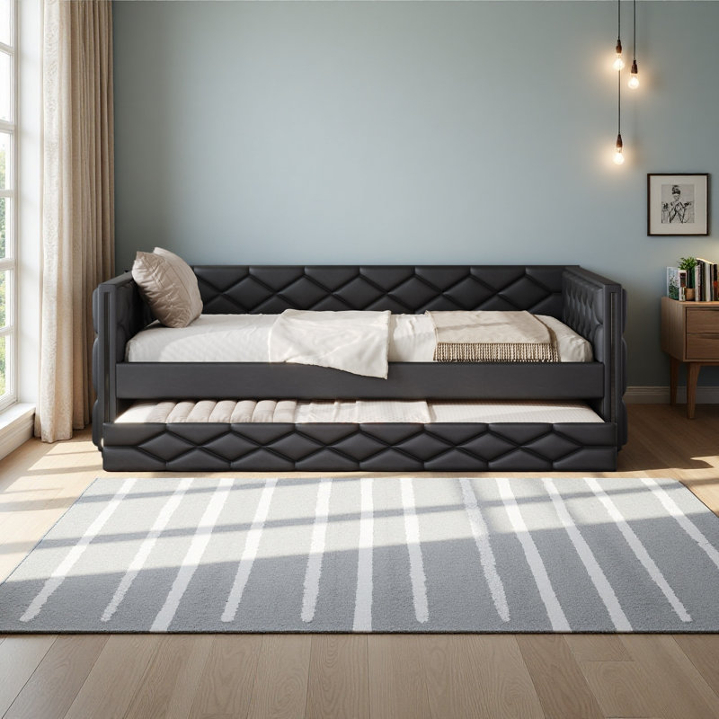 Full XL Size Upholstered Daybed With Trundle And LED, Black