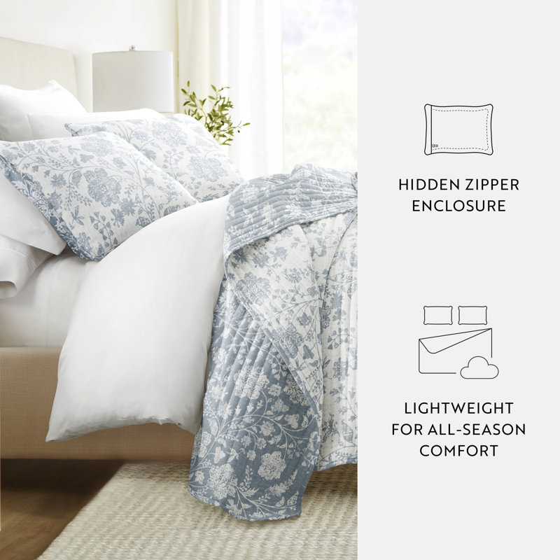 Light Blue Twin Reversible Microfiber Quilt Set with Floral Pattern