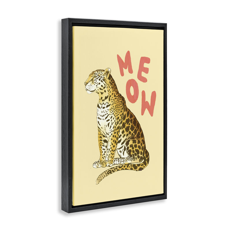 Léopard Meow sur cadre flottant jaune, design par Florentina Dolci, H 25 po x l 17 po, Cadre flottant noir de jais