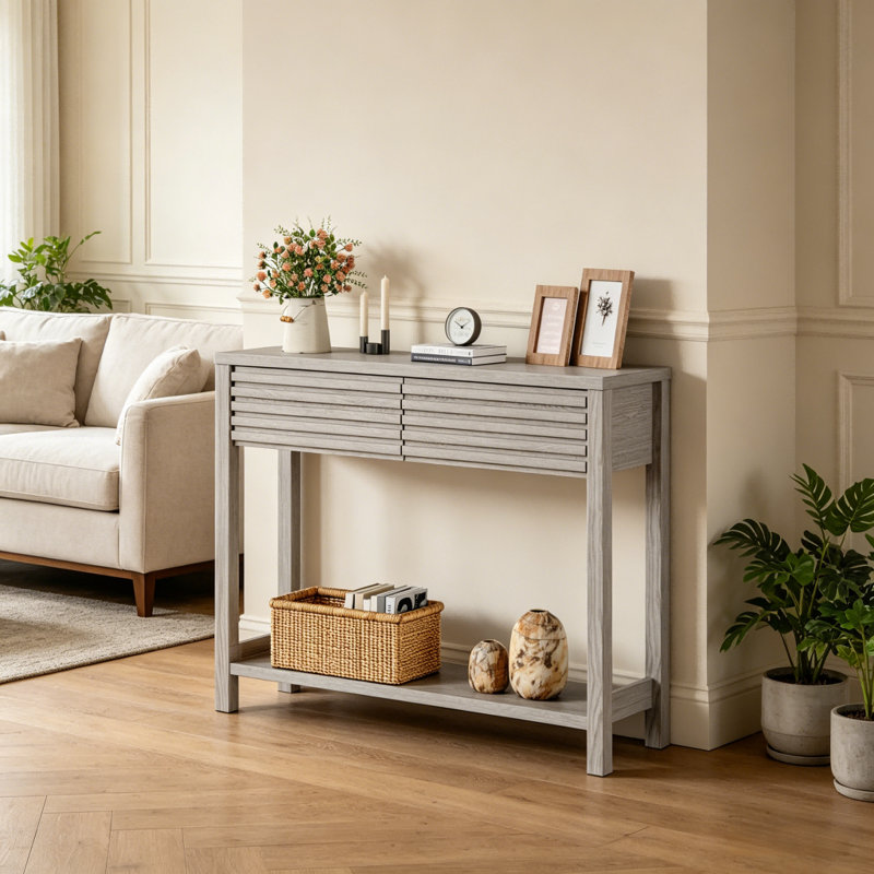 39.4'' Fluted Console Table with Drawers, Narrow Entryway Table with Storage Shelf, Gray