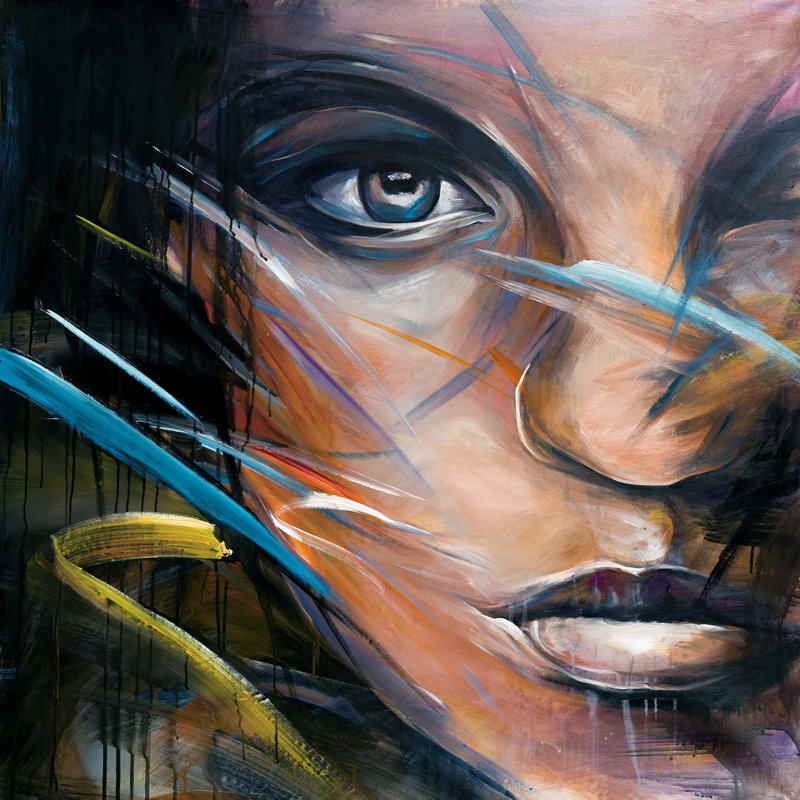 « femme faciale », reproduction de peinture à l’huile sur toile tendue, H 36 po x l 36 po x P 1,5 po