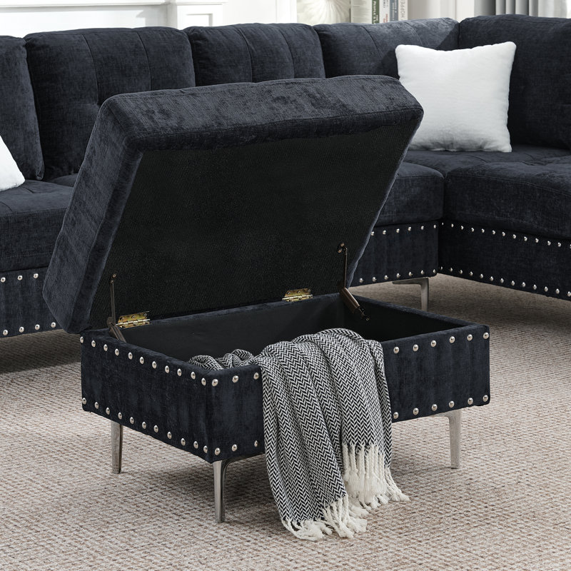 L -Shaped Upholstery Sectional With Reversible Chaise,3-Seaters Sofa With Storage Ottoman And Copper Nails