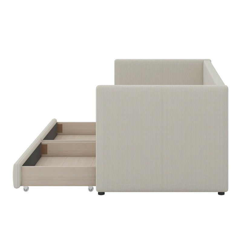 Lit de jour simple avec deux tiroirs et tête de lit à rayures, Beige