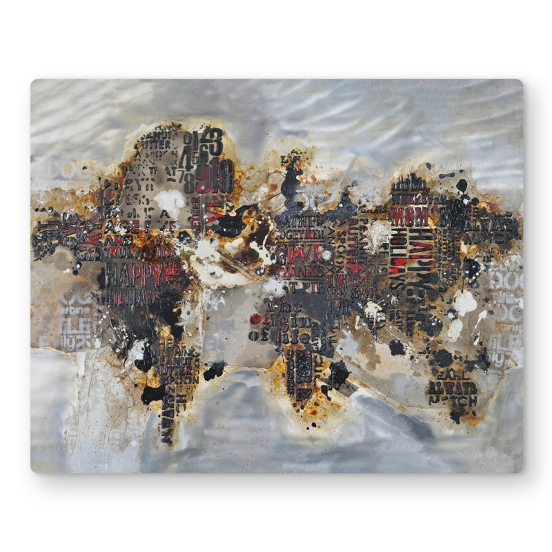 Texturized World Map with Typography - Modern Metal Print Decor