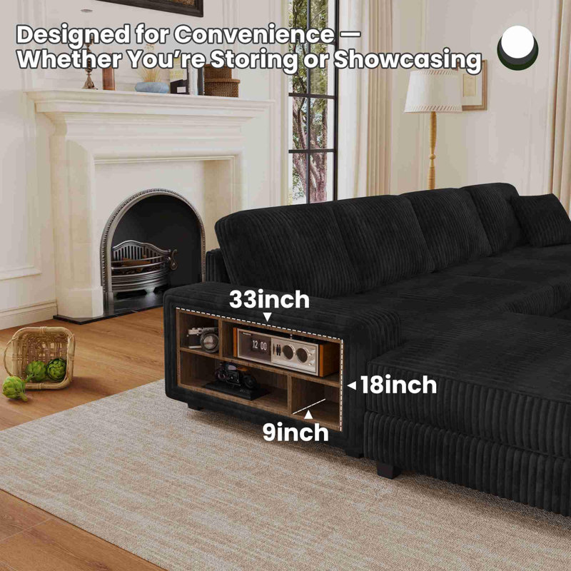 Convertible U-shaped Combination Sofa, Black Corduroy