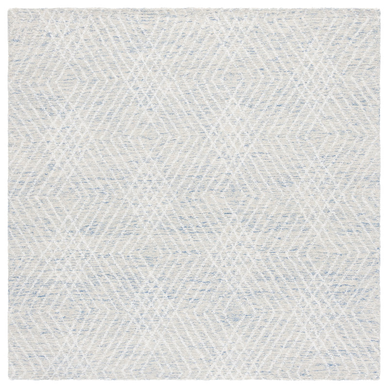 Izzabell Abstract Hand Tufted Wool/Chenil/Cotton Geometric Rug in Blue/Ivory, Square 6'