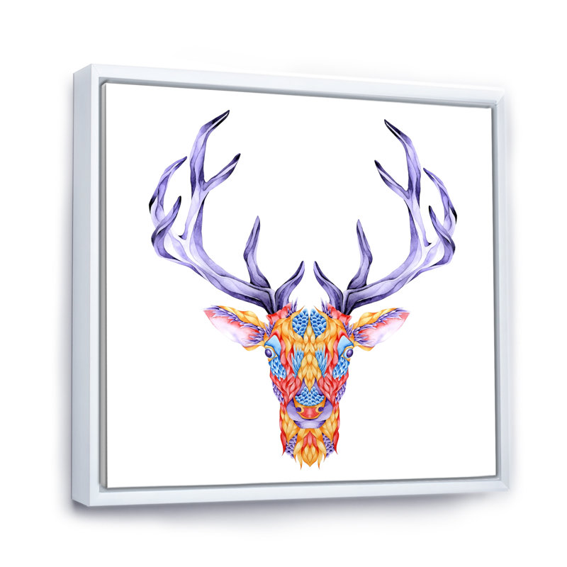 Tête de cerf multicolore, H 36 po x l 36 po x P 1,5 po, Toile avec cadre flottant blanc