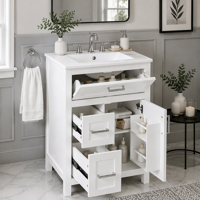 Meuble-lavabo de 45,7 cm (18 pouces) avec lavabo, armoire autoportante avec porte, tiroir rabattable et 2 tiroirs pour salle de bain