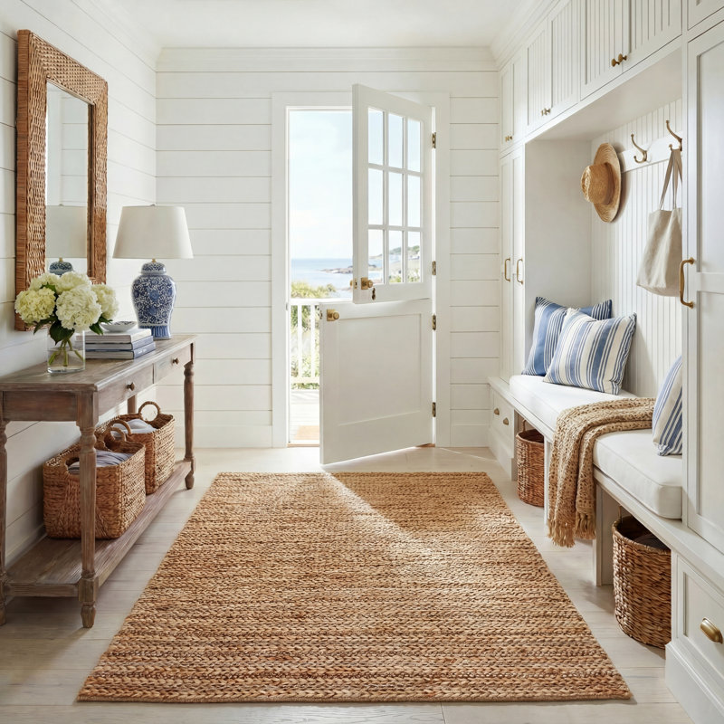 Natural Fiber Hand Woven Jute Striped Rug, Rectangle 5' x 8'
