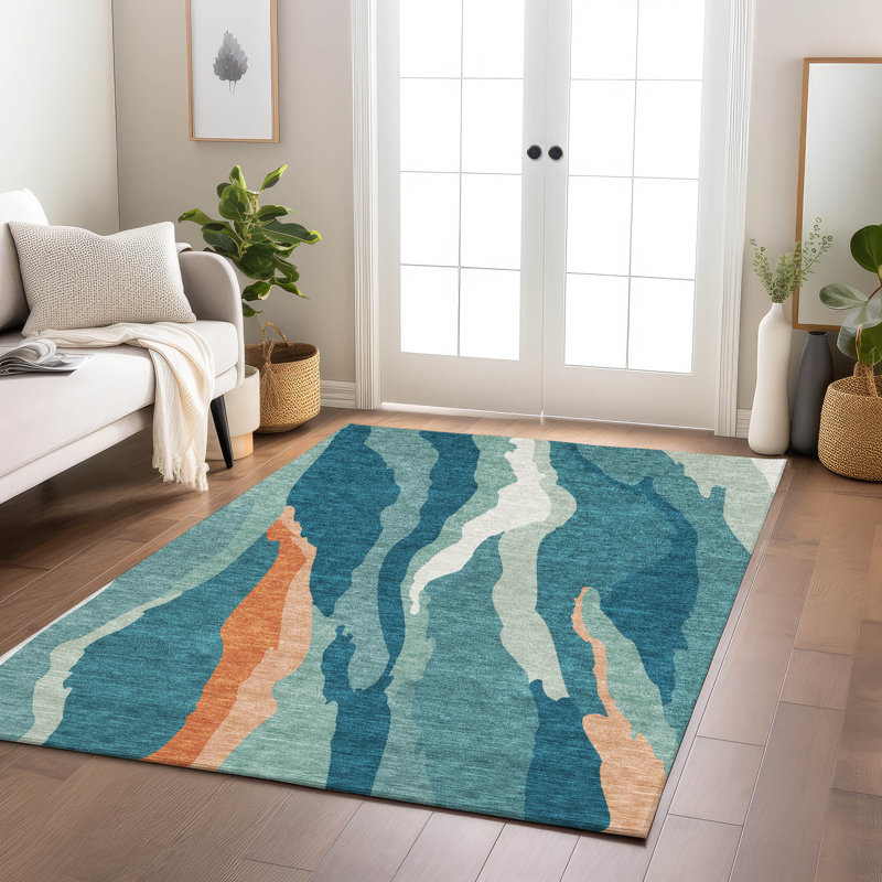 Teal and Orange Abstract Washable Synthetic Area Rug