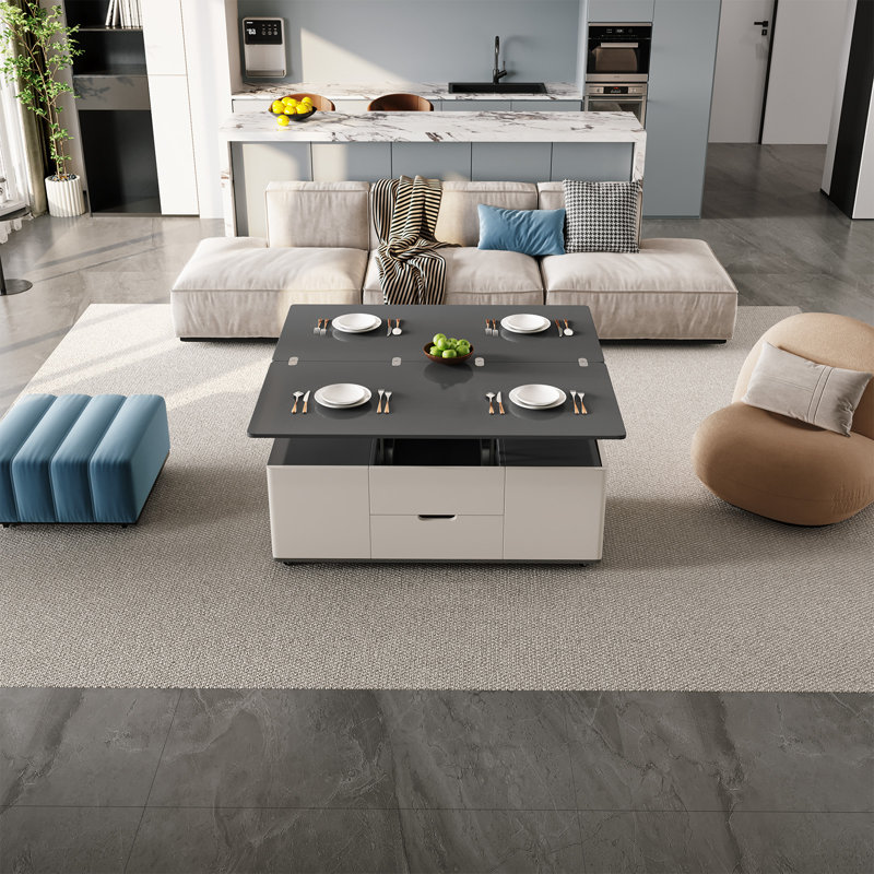 Table centrale multifonctionnelle, table basse à plateau relevable moderne avec 4 tabourets de rangement, table basse extensible