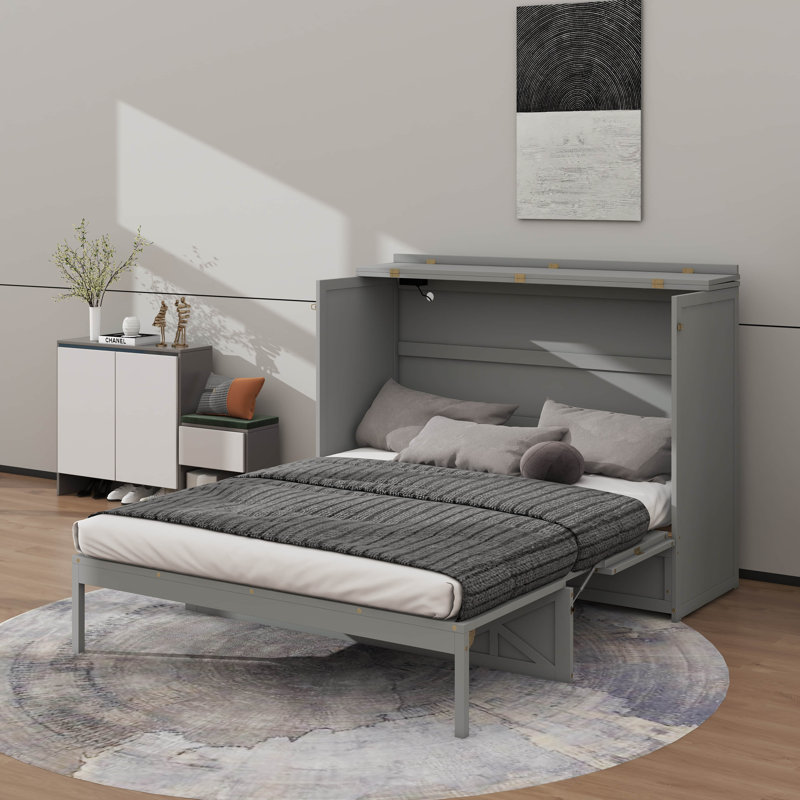 Grand lit escamotable avec tiroirs et port USB, Gris brossé