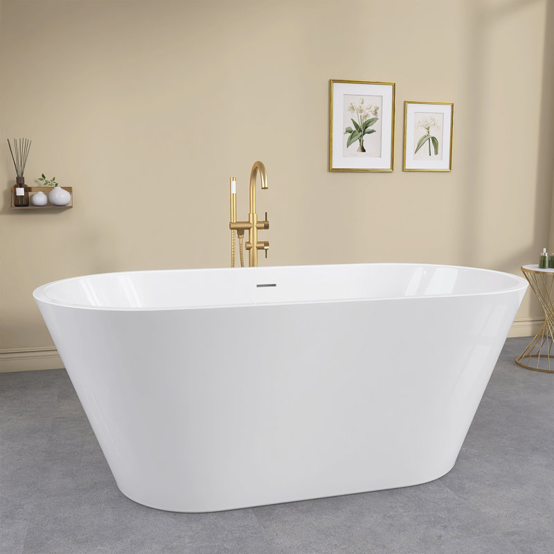 59" X 29" Acrylic Freestanding Non-Slip  Soaking Bathtub With Drain in White, Glossy White