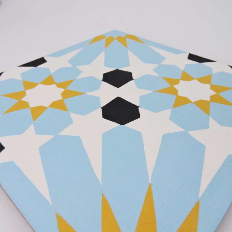 Agdal 8" x 8" Cement Patterned Wall & Floor Tile, Blue/Yellow/Black