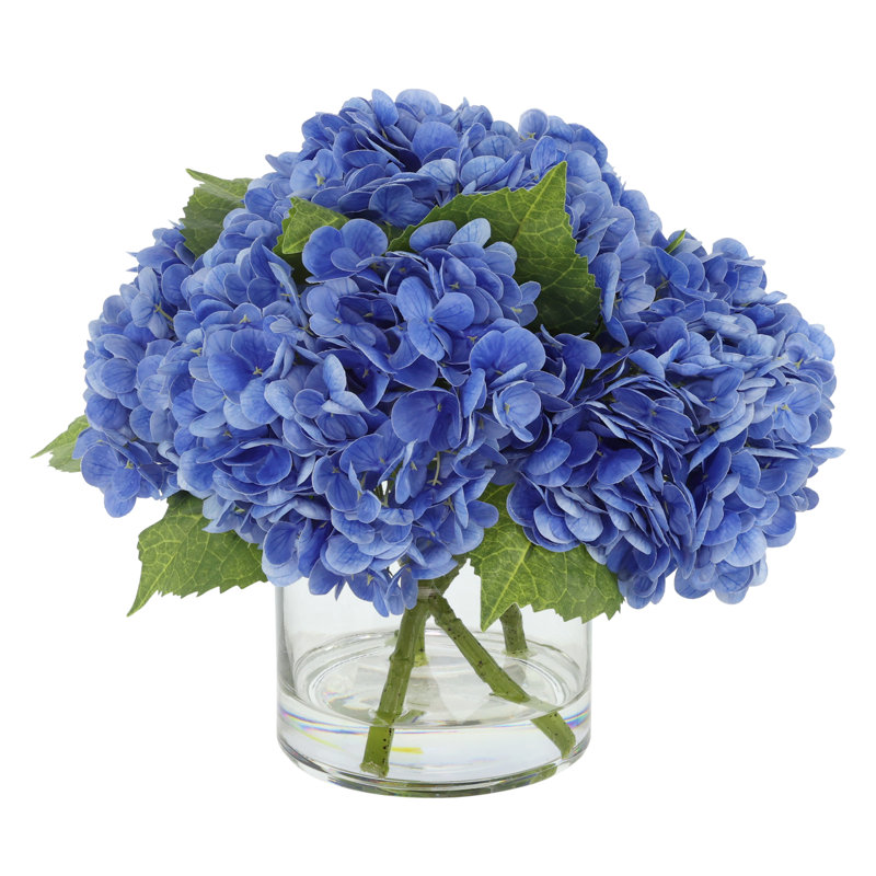 Real Touch Hydrangea Floral Arrangement in a Glass Vase, Blue