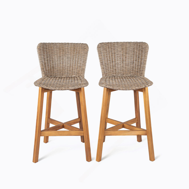 Tabouret de bar d'extérieur en bois fini teck avec osier brun clair, ensemble de 2