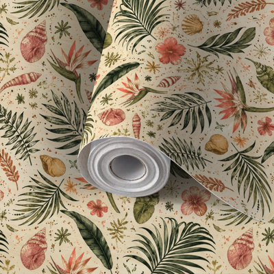 Papier peint adhésif facile à poser, idéal pour les familles locataires : motif tropical botanique (feuilles de palmier, fleurs, coquillages), sans résidus, pour salon, chambre, cuisine ou mur d'accent.