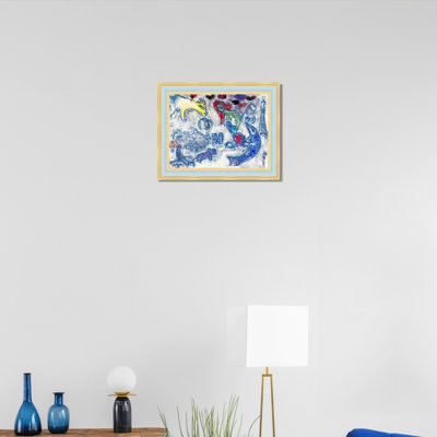 Framed Canvas Wall Art Paris avec le Poisson Bleu(Paris with the Blue Fish) by Marc Chagall Giclee Print Dreamlike Romantic Painting Modern Home Decor(Light Blue with Gold,28"x36")
