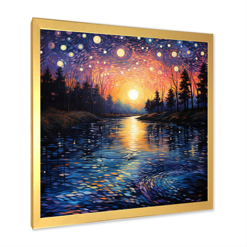 «Vangogh Twilight Reflections Pointillism - Vangogh Wall Art» par Vincent Van Gogh, peinture, H 36 po x l 36 po, Doré