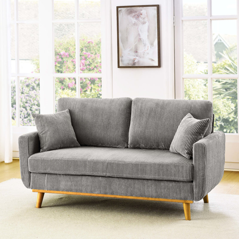 2 - Seat Gray Corduroy Mid Century With Solid Wood Frame, Clean Lines And Accent Pillows For Compact Living Areas Style Frame Two Throw Open Concept Small Spaces