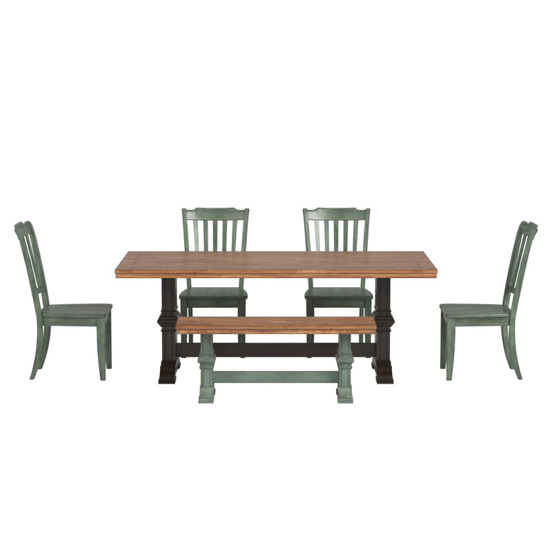 Ensemble de salle à manger Marcotte 78 po en bois massif fini chêne avec chaises à dossier à fuseaux - 6 pièces, table à piètement noir antique, chaises et banc à piètement en sauge antique