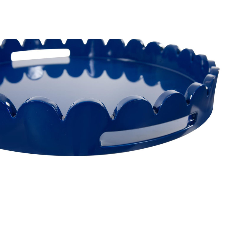 Effa Hand-Crafted Round Scalloped Wood Tray, Blue