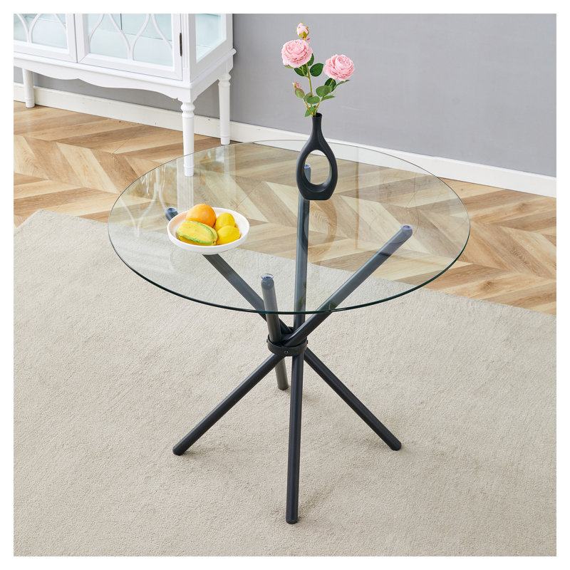Table de salle à manger ronde en verre trempé de 93 cm (36,6 po) avec piètement en métal noir entrelacé