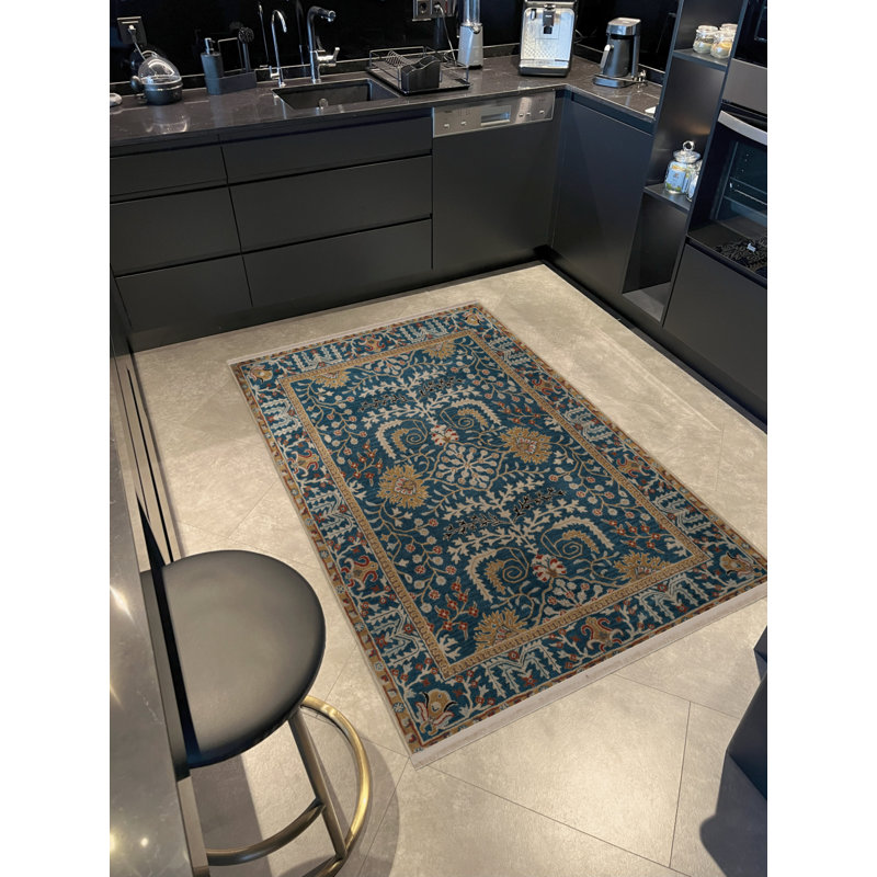 Blue Yellow Themed Traditional Motif Floral Patterned Vintage Decorative Carpet, Rectangle 6'6" x 9'10"