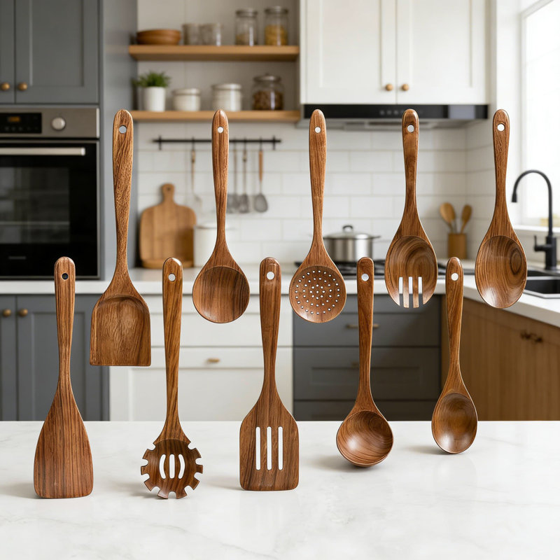 Ensemble d'ustensiles en bois d'acacia pour la cuisine, 10 cuillères et spatules de cuisine antiadhésives pour un usage quotidien, outils de cuisson en bois durables et résistants à la chaleur