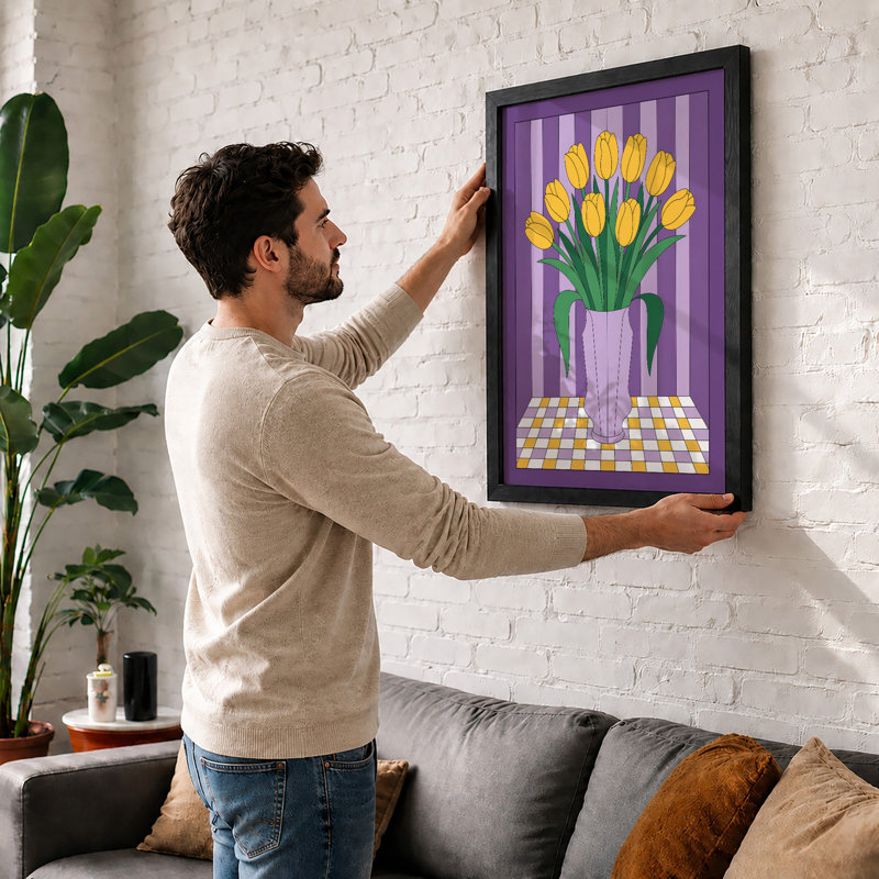 Yellow Tulips In Purple Modern - Print, A1 - 84.1 x 59.4 cm, Black