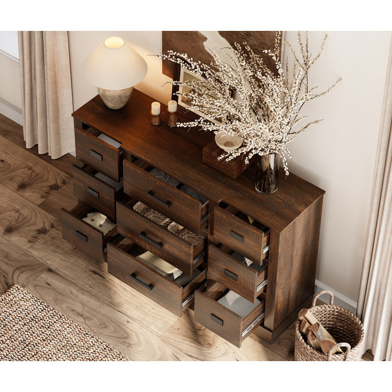Ensemble de commode et de table de chevet 9 tiroirs 3 pièces Laziza, Brun foncé