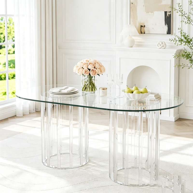 Table de salle à manger 71 "ovale en verre avec base double colonne, Argent / transparent