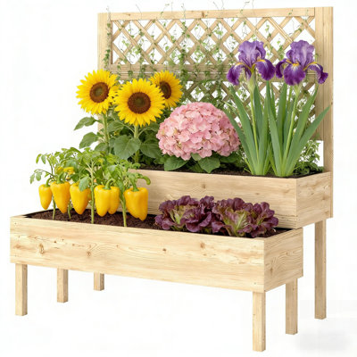Patio Elevated Planter Box With Trellis, Outdoor Raised Garden Bed For Easy Gardening And Aesthetic Appeal