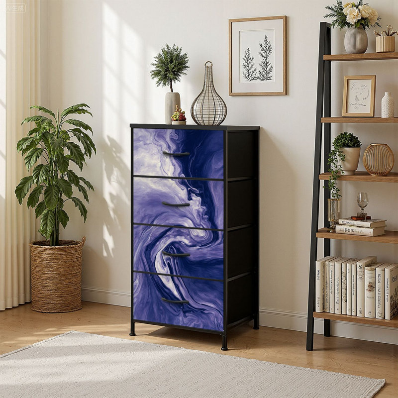 Commode à 4 tiroirs avec rangement vertical en marbre bleu et tiroirs en bois