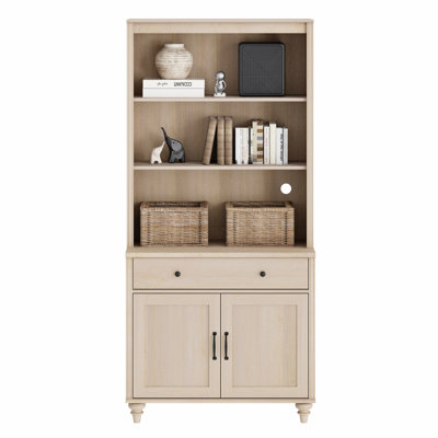72.1"H X 33.9"W 3-Tier Bookcase With Doors & Drawer, Large Bookcases Farmhouse Bookshelves For Living Room Bedroom Home Office Kitchen, Beige