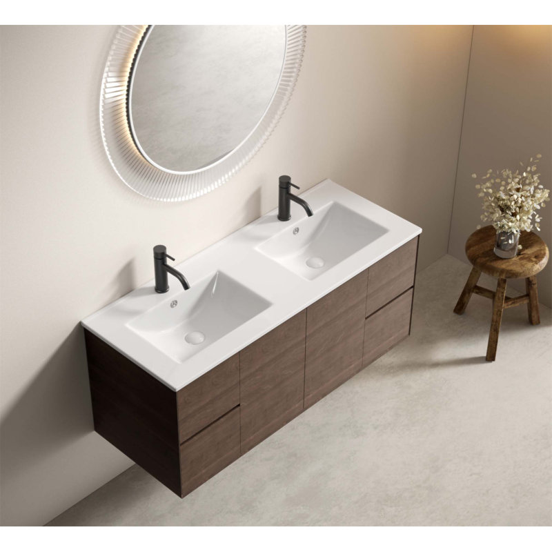 Lavabo de salle de bain à double cuve en céramique - lavabo à rebord mince 121 x 46 x 17 cm, lavabo à double comptoir en porcelaine pour une utilisation efficace dans les salles de bain modernes