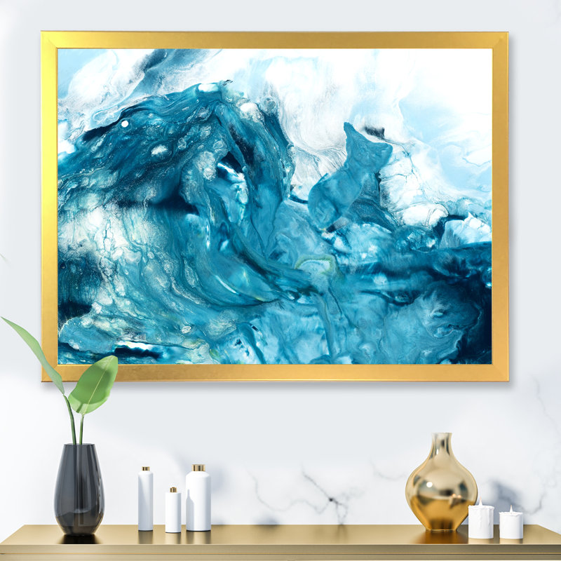 Art turquoise liquide - peinture sur toile, Toile à cadre d'angle fermé doré, H 30 po x l 40 po