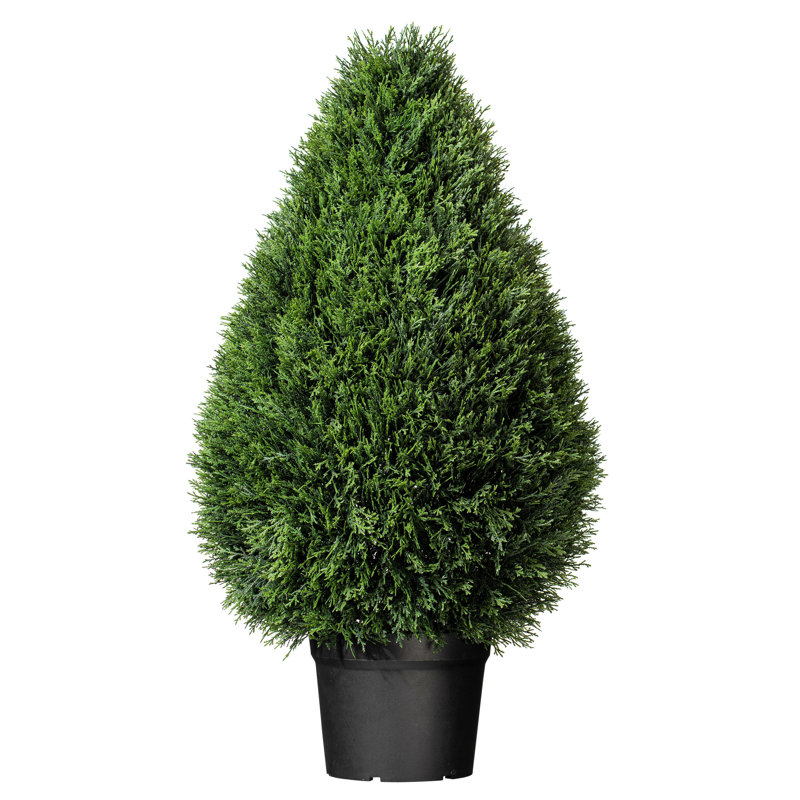 Arryana artificiel en cèdre en forme de larme, pot en plastique noir, H 36 po x l 19 po x P 19 po