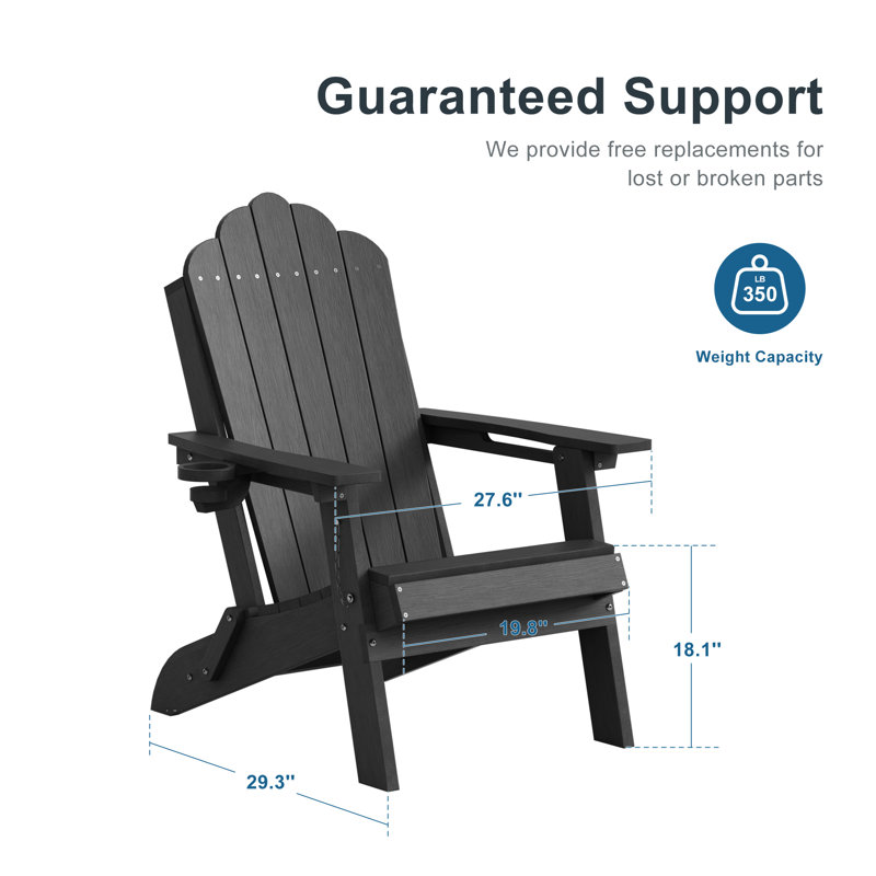 Classic Folding Adirondack Chair, HDPE Adirondack Chair with Ergonomic Design & Cup Holder for Patio and Fire Pit, Black
