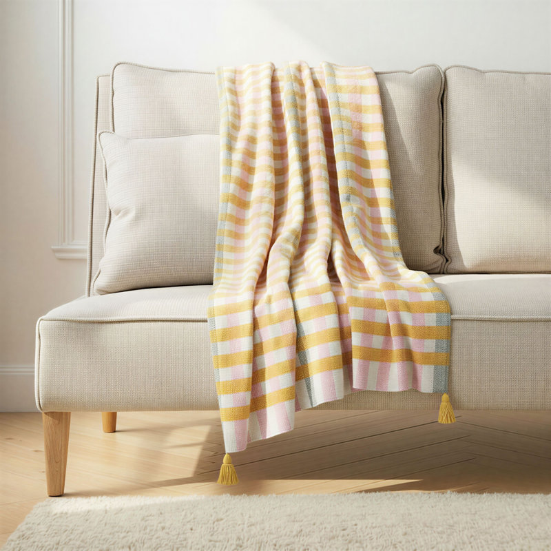 Jeté en jacquard de coton tissé avec pampilles