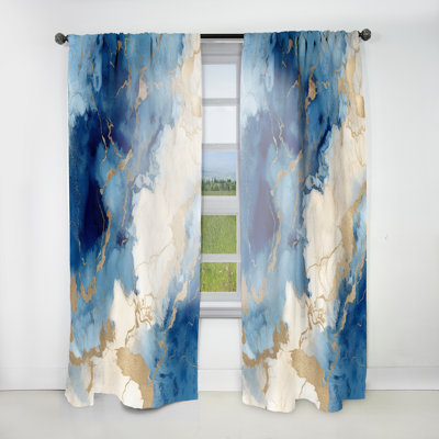 Blue and Gold Marble Clouds X - Modern Velvet Curtain - Room Darkening - 1 panel