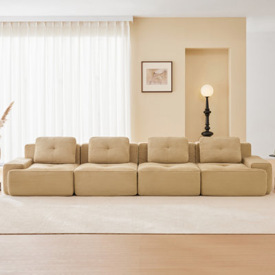153" Wide L Shaped 4 Seater Upholstered Sofa With Movable Ottoman