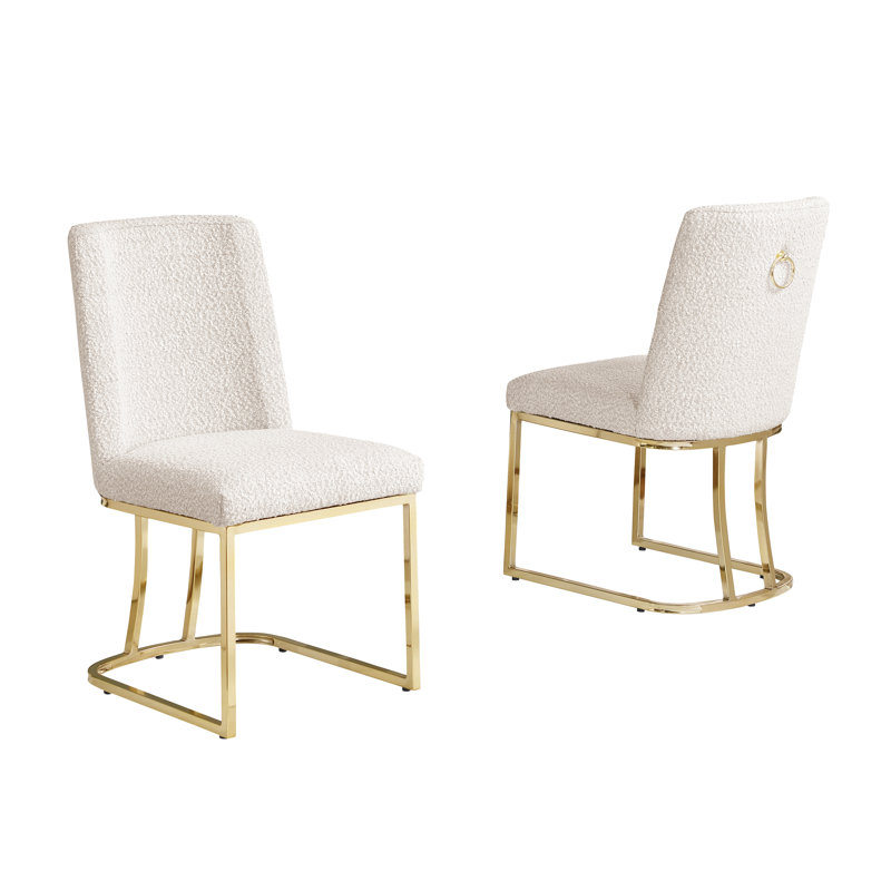 Minimal Side Chairs With Boucle Fabric Base, Cream, Gold