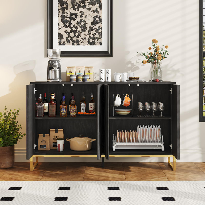 Modern Black MDF Buffet Cabinet with Gold Metal Legs, 55"