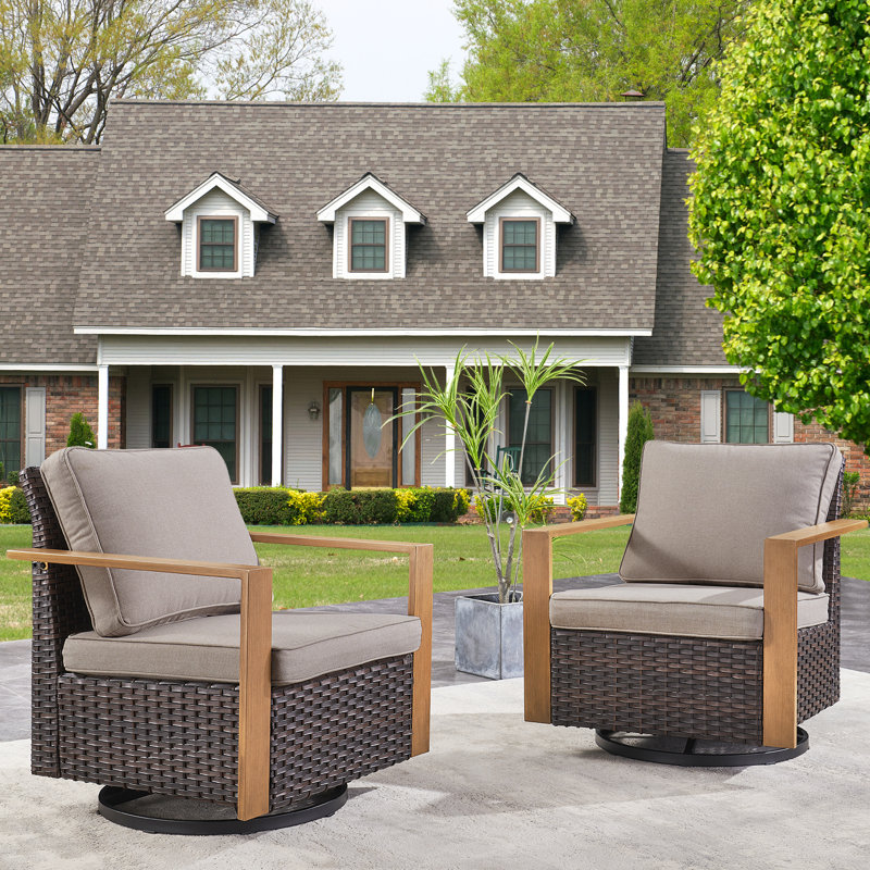 Outdoor Swivel Patio Chair With Cushions (Set Of 2), Brown, Gray