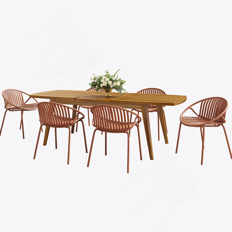 Ensemble de salle à manger extensible 7 pièces avec chaise empilable, orange et teck 7 pièces