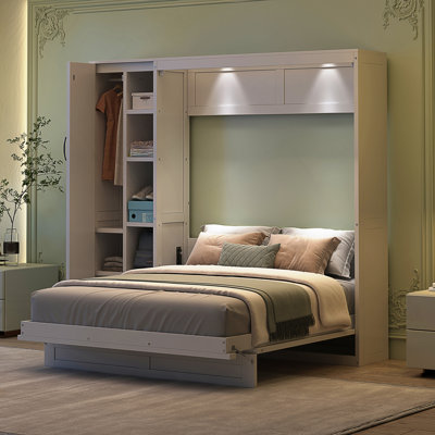Murphy Bed With Shelves, Wardrobe, And LED Lights For Space-Saving And Multi-Functionality