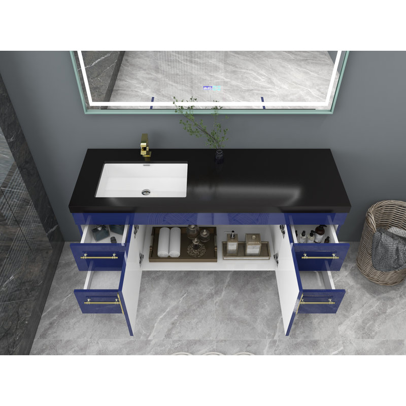 Ensemble de meuble-lavabo mural 60 po, Bleu nuit brillant, Or mat