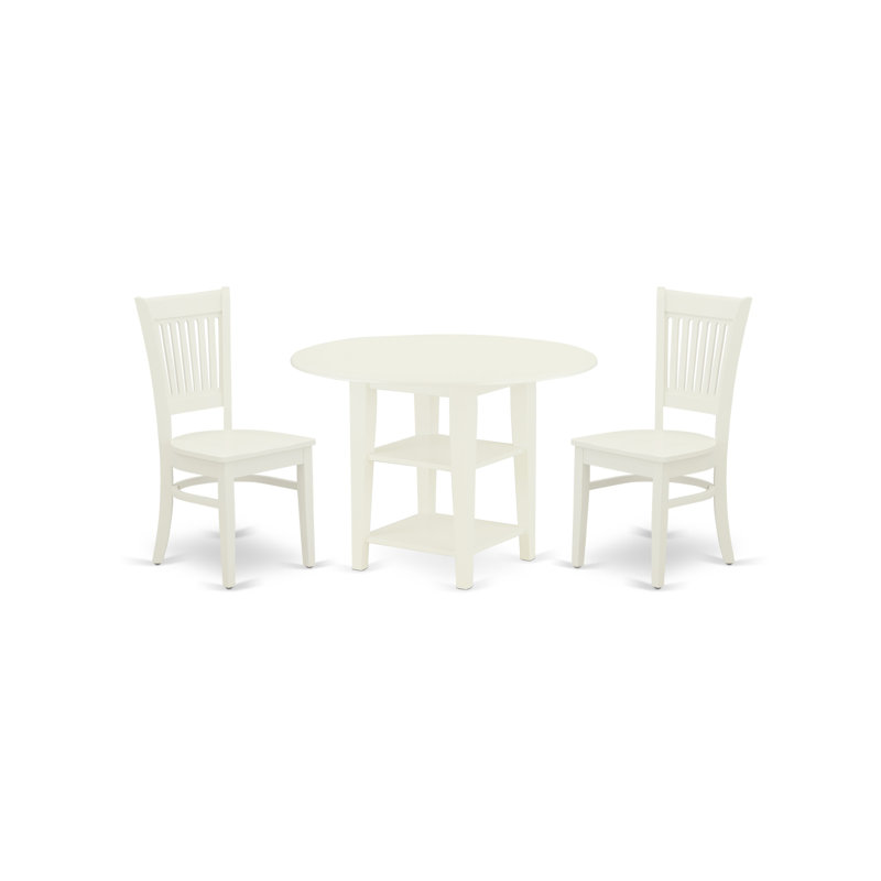 Ensemble de table de salle à manger 3 pièces pour petits espaces comprenant une table de salle à manger ronde avec Dropleaf et tablettes et 2 chaises en bois, lin blanc