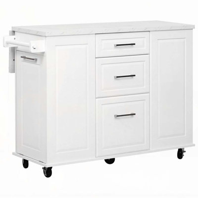 Rolling Kitchen Island with Storage Tilt Trash Can Cabinet and Pull Out Cabinet Organizer
